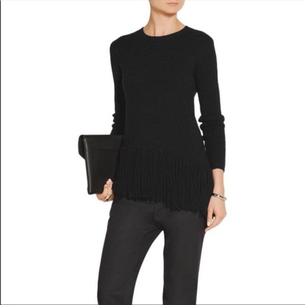 Theory Hudina Fringed Stretch Merino Wool Sweater- Black Size Small